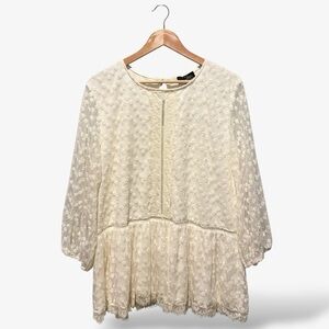 Suzanne Betro Ivory Lace Sheer Blouse Size 2X Embroidered Floral Cottage Boho